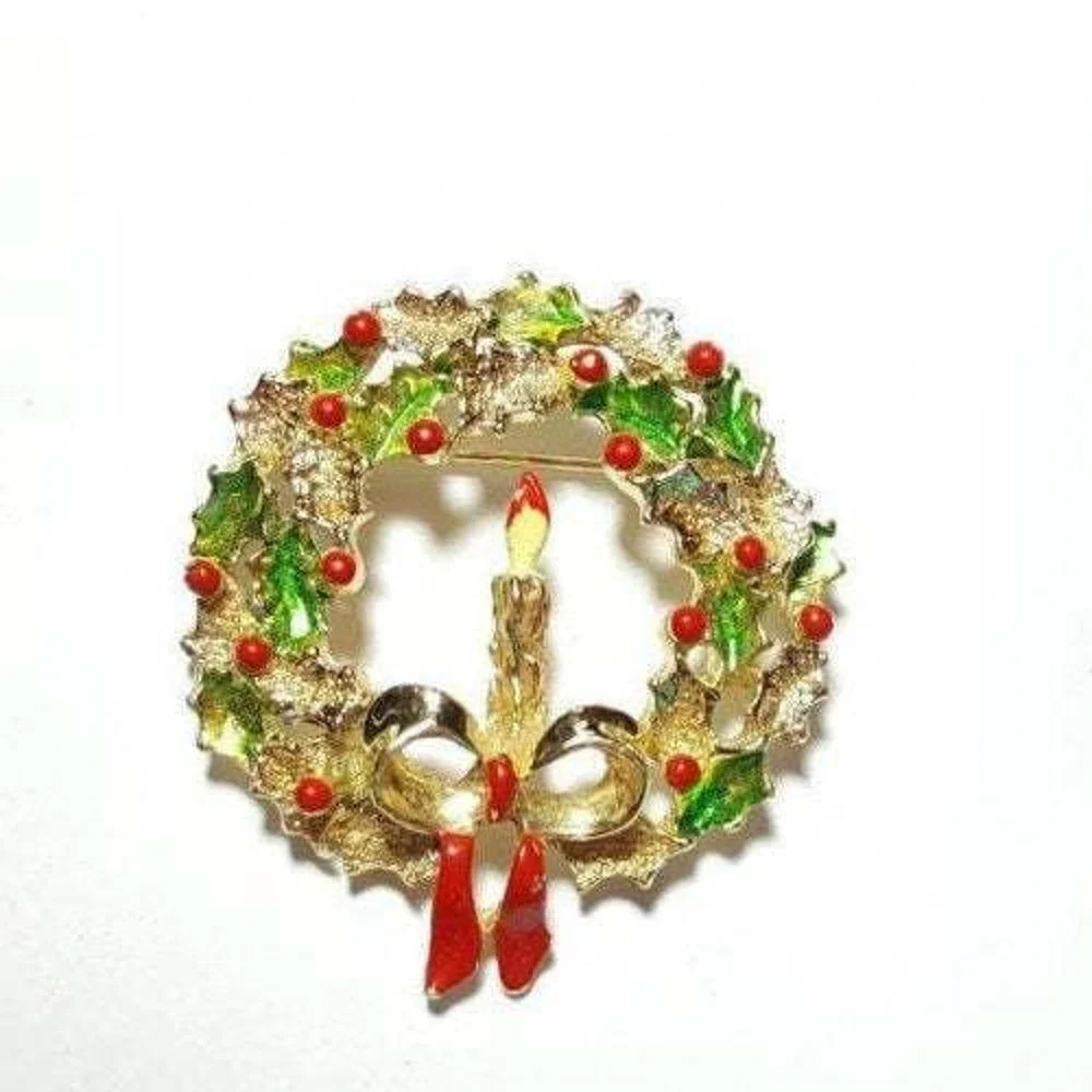 Signed Gerrys Large Enamel Christmas‎ Wreath Brooch Pin 1.75